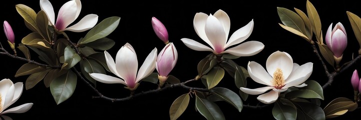 magnolia flowers and leaves on plain black background from Generative AI