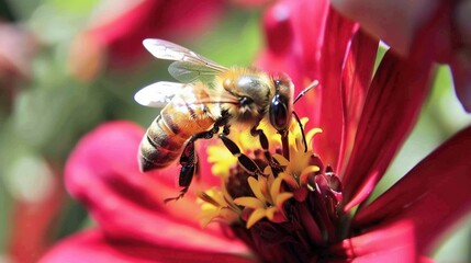   Close-up of a bee on a red flower with a blurred yellow background