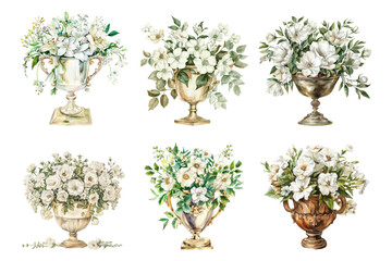Watercolor set of flower pots with lush bouquets of flowers. Luxurious watercolor white flowers in cups. Watercolor botany. Elements for wedding invitations, ceremonies, etc.