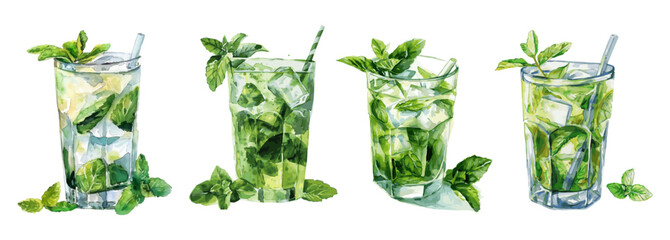 Watercolor set of delicious Mojito cocktail in a glass. Fresh mojito drink with lime, mint and ice on a transparent background. A classic cocktail, a drink for a summer party.
