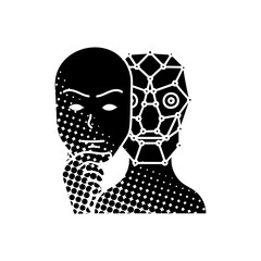 Deep fake concept robot wearing human face mask black hand drawn icon in halftone texture style