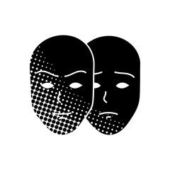 Deep fake icon two face masks with different moods black hand drawn icon in halftone texture style