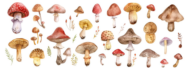 A set of watercolor forest mushrooms png. Various forest mushrooms on an isolated background. Autumn forest. © Narin