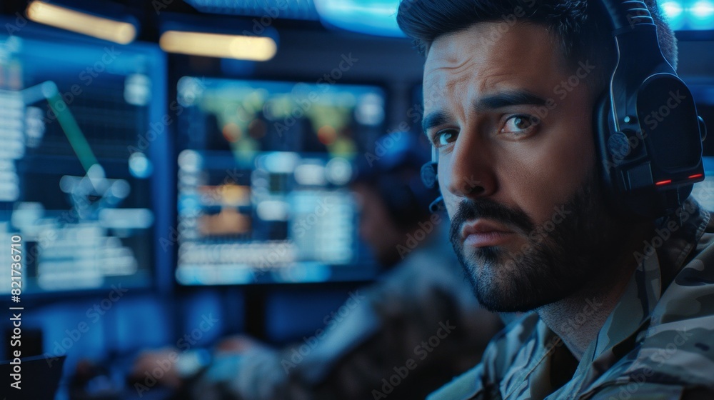 Poster a man wearing a headset is staring at a computer screen