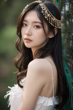 Elegant Woman with Peacock Feather and Headpiece