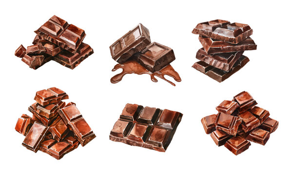 Set of watercolor chocolate png. Pieces of milk chocolate on an isolated background. Elements for designs, cafe menus, desserts, etc. Vector illustration