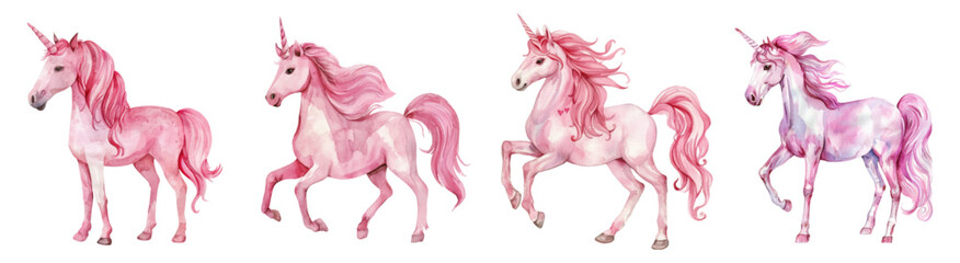 Set of watercolor realistic unicorns png. Hand drawn pink unicorns on isolated background. Elements for girlish designs. Vector illustration © Narin