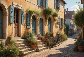 Fototapeta premium Idyllic European Town Scene with Alleyway and Potted Plants
