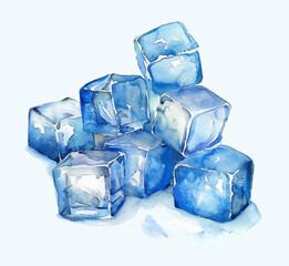 Watercolor blue ice. Hand drawn ice cubes. Vector illustration