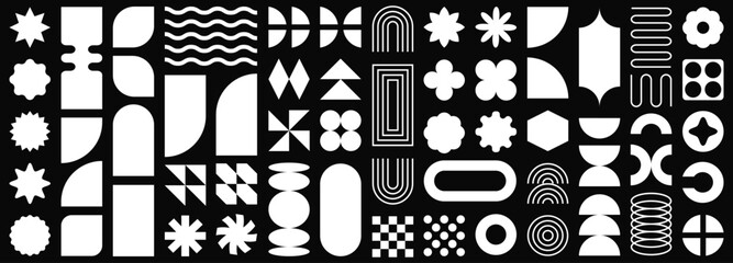 Set of Brutalist Geometric Shapes Vector Design.Brutal contemporary figure star oval spiral flower and other primitive elements. Swiss design aesthetic. Bauhaus memphis design.