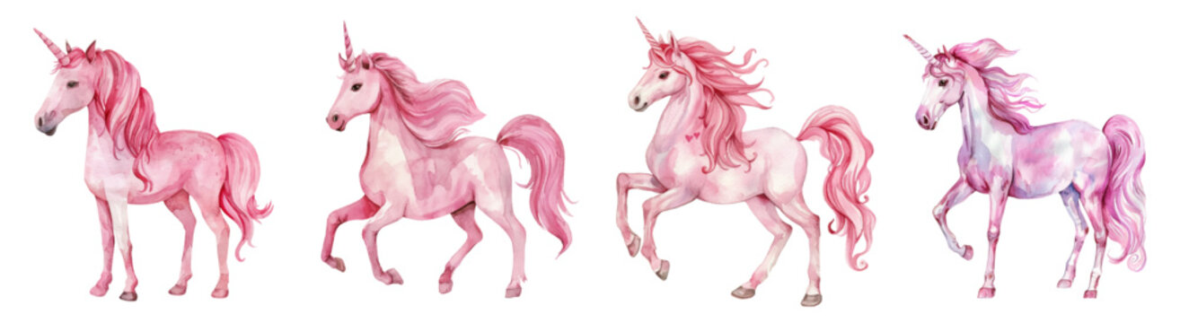 Set of watercolor realistic unicorns png. Hand drawn pink unicorns on isolated background. Elements for girlish designs. Vector illustration