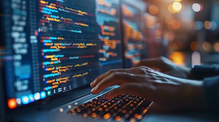 A person programming on a laptop, with code visible on the screen, highlighting logical sequences and systematic order in software development.