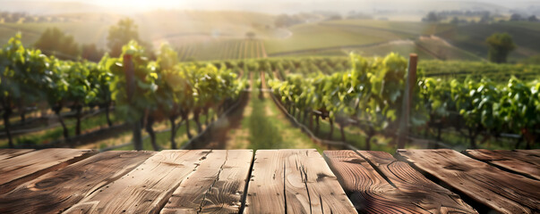 Wooden tabletop with vineyard landscape at sunset