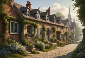 Serene Rural Scene: A Village with Cottages
