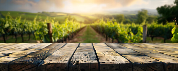 Sunset over vineyard with wooden table perspective