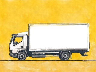 watercolor style delivery truck; minimal yellow color background, white truck
