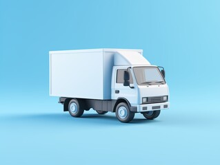 3d style simple illustration feature delivery truck, minimal pastel blue background, white truck, delivery and logistics concept