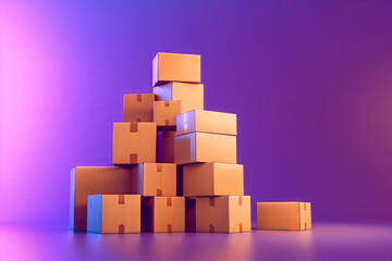  tower made of cardboard boxes; studio light, solid purple background; delivery advertising concept; copy space