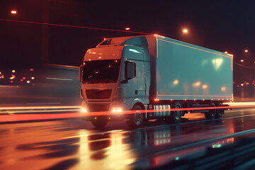 White delivery truck on road, side view; night, highway, delivery and logistics concept
