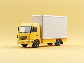 3d style simple illustration feature delivery truck, minimal pastel yellow background, white truck, delivery and logistics concept