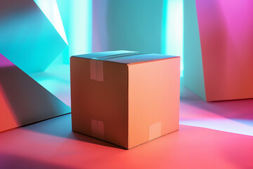 Contemporary packaging promotion showcasing a cardboard box, background of geometric shapes