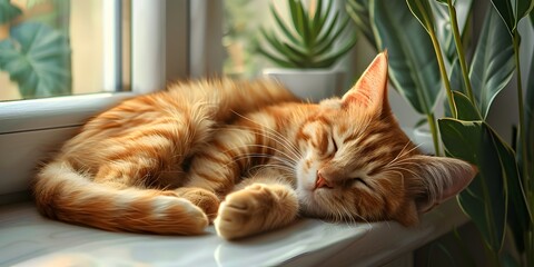 Tabby Cat Calmly Napping on Warm Windowsill in Peaceful Home Setting