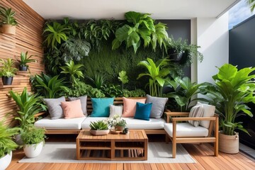 Tropical Balcony Design With Vertical Garden And Cane Furniture
