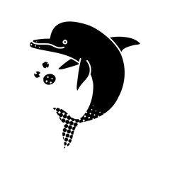 Dolphin black hand drawn icon in halftone texture style