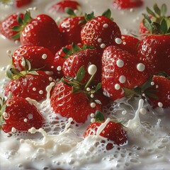 A wave of milk cascading over our fresh strawberries, showcasing their juicy sweetness.