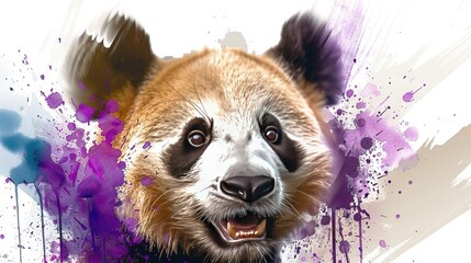   Close-up of panda bear's face with purple paint splatters