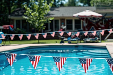 A backyard pool decorated with American flag bunting for a festive celebration. The pool area is complemented by lawn chairs and a gazebo, set against a backdrop of lush greenery.