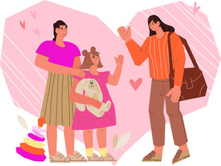 Nanny and mother leaving a child in the care of a babysitter before leaving for work. Babysitting service banner or emblem design.