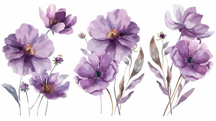 Four watercolor purple flowers painting floral vintag