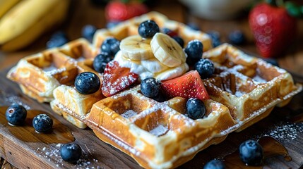   A waffle topped with bananas, blueberries, strawberries, and powdered sugar - Powered by Adobe