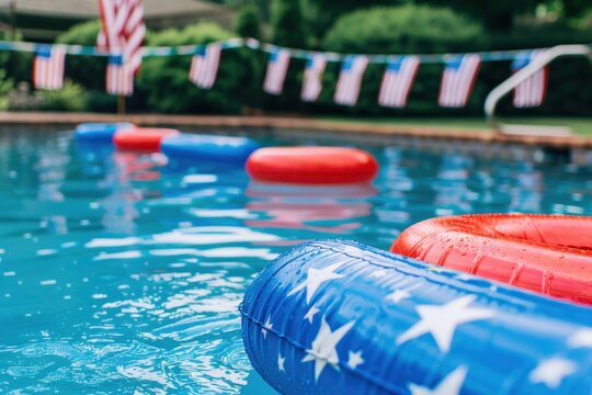 A pool decorated with American flag bunting and colorful pool floats creates a lively and inviting atmosphere for a festive celebration, capturing the spirit of summer and patriotism. - Powered by Adobe