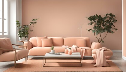 The living room is decorated in a minimalist style with peach fuzz tones.