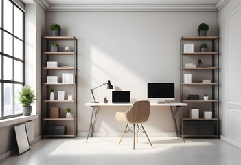 A Stylish office interior with workplace, PC, and window bookshelf. Mock up in wall.3D rendering