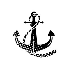 Nautical ship anchor black hand drawn icon in halftone texture style
