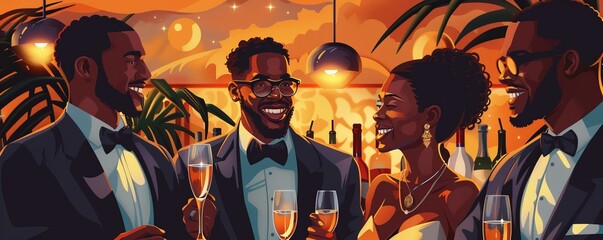 Toasting with champagne at office party. Black business people celebrating with champagne in an upscale bar, diverse backgrounds, joyful atmosphere