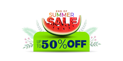 Vector sales and shopping promotional concept. End of summer sale 50% off deal with watermelon and tropical background.