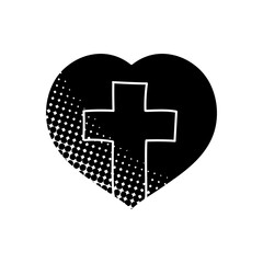 Obraz premium Christian cross inside heart shape black hand drawn icon in halftone texture style