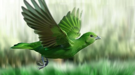   A green bird soaring through the sky with spread-out wings against a hazy backdrop