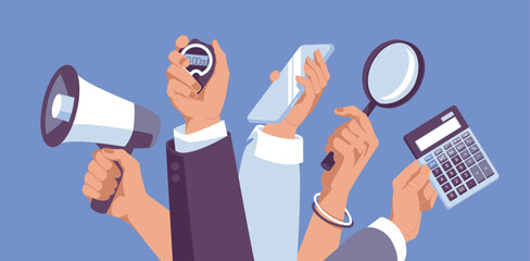 Metaphor with human hands holding megaphone, stopwatch, magnifying glass, calculator, smartphone. Marketing, business, advertising. Flat vector illustration