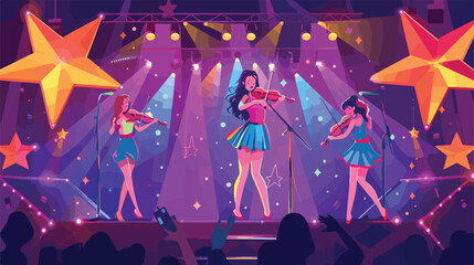 Girls performing on talent show stage. Vector cartoon