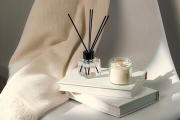 Aromatic candle in glass jar close up
