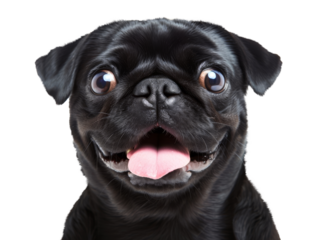 Pug puppy close up looking at camera isolated on the transparent background