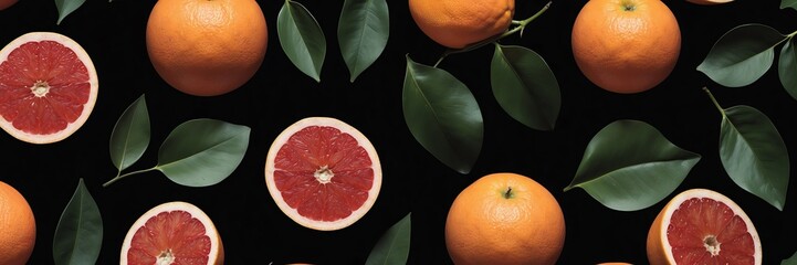 grapefruit fruits and leaves on plain black background from Generative AI