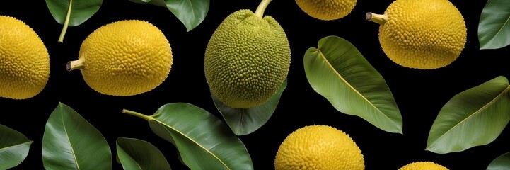 jackfruit fruits and leaves on plain black background from Generative AI