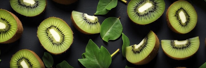 kiwi fruits and leaves on plain black background from Generative AI