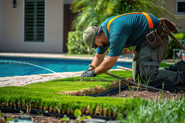 Professional landscaper replacing natural grass